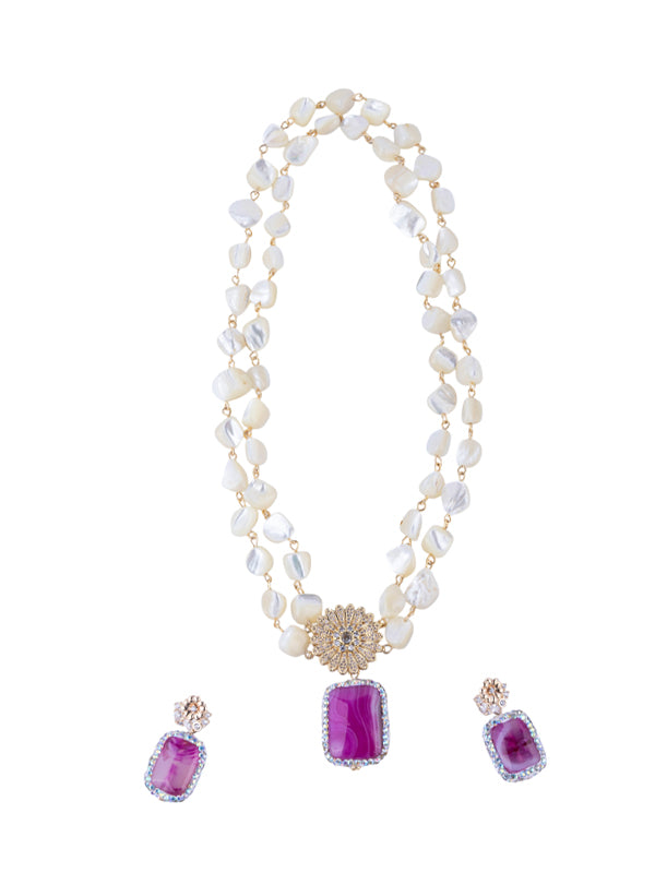 Pearl necklace with bright pink gemstones pendant | two line pearl necklace