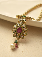 Load image into Gallery viewer, Traditional Golden Necklace with a Floral Pendant | Kundan Necklace with Green and Red Stone