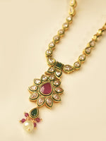 Load image into Gallery viewer, Traditional Golden Necklace with a Floral Pendant | Kundan Necklace with Green and Red Stone