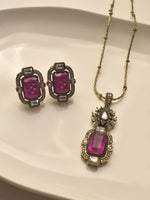 Load image into Gallery viewer, Emerald-Cut Ruby Pink Gemstone Antique Pendant Set for Women | Antique Gold-Tone Ruby Pink Stone Pendant Necklace