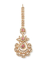 Load image into Gallery viewer, Kundan Chandbali Maang Tikka with Pink Stones | Floral Crescent Polki Kundan Bridal Hair Tikka with Broad Chevron Chain