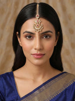 Load image into Gallery viewer, Kundan Chandbali Maang Tikka with Pink Stones | Floral Crescent Polki Kundan Bridal Hair Tikka with Broad Chevron Chain