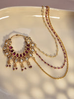 Load image into Gallery viewer, Ruby Kundan Nath with Triple Sahare Chain | Classic Ruby-Pink & Polki Kundan Nath