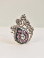 Load image into Gallery viewer, Beautiful Finger Ring with Green and Pink Stones | Classic Glow Polki Golden Finger Ring