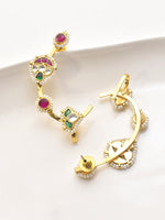 Load image into Gallery viewer, Golden Earring with Colorful Gemstones | Ear Cuff with Red and Green Gemstones