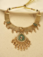 Load image into Gallery viewer, Ornate Gold-Toned Traditional Necklace with Green Stone | Multi-Strand Necklace with a Large Teardrop Pendant