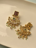 Load image into Gallery viewer, Traditional Kundan & Ruby Studded Chand Earrings | Golden Earrings with Intricate Designs
