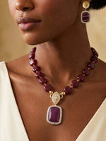 Load image into Gallery viewer, Deep Wine Cushion-Bead Necklace with Crystal Halo Pendant | Royal Maroon Agate Bead Necklace with Statement Pendant