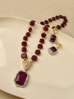 Load image into Gallery viewer, Deep Wine Cushion-Bead Necklace with Crystal Halo Pendant | Royal Maroon Agate Bead Necklace with Statement Pendant