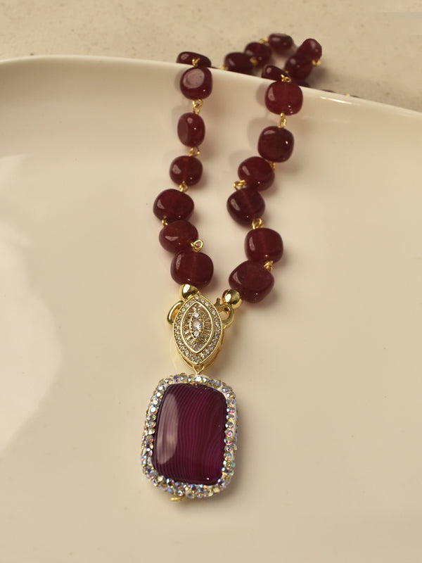 Deep wine cushion bead necklace with crystal halo pendant | royal maroon agate bead necklace with statement pendant