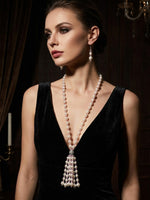 Load image into Gallery viewer, Blush Pink Crystal & Pearl Beaded Tassel Necklace Set | Long Pearl & Light Pink Crystal Tassel Necklace