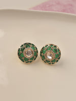Load image into Gallery viewer, A pair of round gold-toned earrings with green stone enameled.