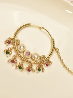 Load image into Gallery viewer, Beaded Drop Circular Kundan Nath | Ruby & Green Beaded Bridal Nath with Chain