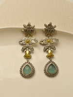 Load image into Gallery viewer, Dual-Tone Floral Drop Earrings with Mint Green Teardrop Stones | Antique Finish Two-Tone Floral Statement Drop Earrings