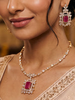 Load image into Gallery viewer, Gold tone AD Statement Necklace with Square Ruby Stone | Classic Ruby Crystal Pendant Necklace with AD Stone Chain