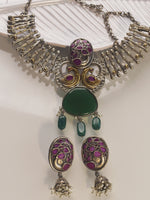 Load image into Gallery viewer, Decorative necklace with peacock designs and green and purple stones