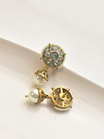 Load image into Gallery viewer, Green Stone Stud | White Kundan with Pearl Drop
