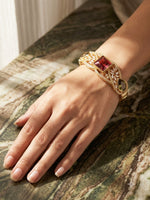 Load image into Gallery viewer, Imperial Ruby & Olive Crystal Filigree Bracelet | Big Red Gemstone Bracelet