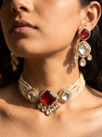 Load image into Gallery viewer, Kundan Choker Necklace with Multi-Strand Pearls | Ruby Red Gemstone & Layered Pearl Choker