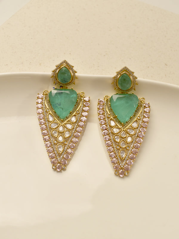 Light green faceted stone & v shape drop earrings