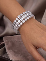Load image into Gallery viewer, Multi-Row Diamond & Emerald-Cut Crystal Bracelet | High-Shine 3-row Silver tone Bracelet