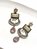 Load image into Gallery viewer, Ornate Golden Earrings with Pink Stones | Indo Western Pink Earring