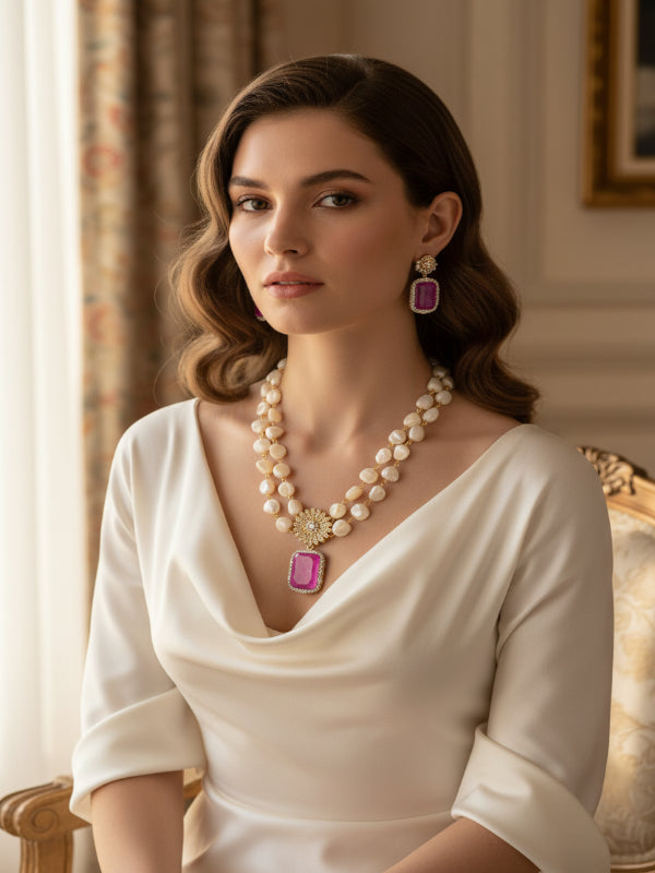 Pearl necklace with bright pink gemstones pendant