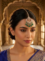 Load image into Gallery viewer, Royal Green & White Stone Wedding Matha Tikka with Pearl Accents | Statement Polki Kundan & Green Stone Bridal Maang Tikka
