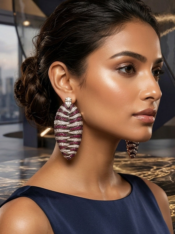 Ruby crystal oval dangle earrings | statement ruby & silver wave oval earrings