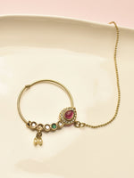 Load image into Gallery viewer, Ruby Pink & Emerald Green Stone Kundan Nose Ring with Chain | Kundan Nose Ring with Beaded Hair Chain