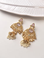 Load image into Gallery viewer, Golden Earrings with Pink Stones | Beautiful Design Kashmiri Jhumkas