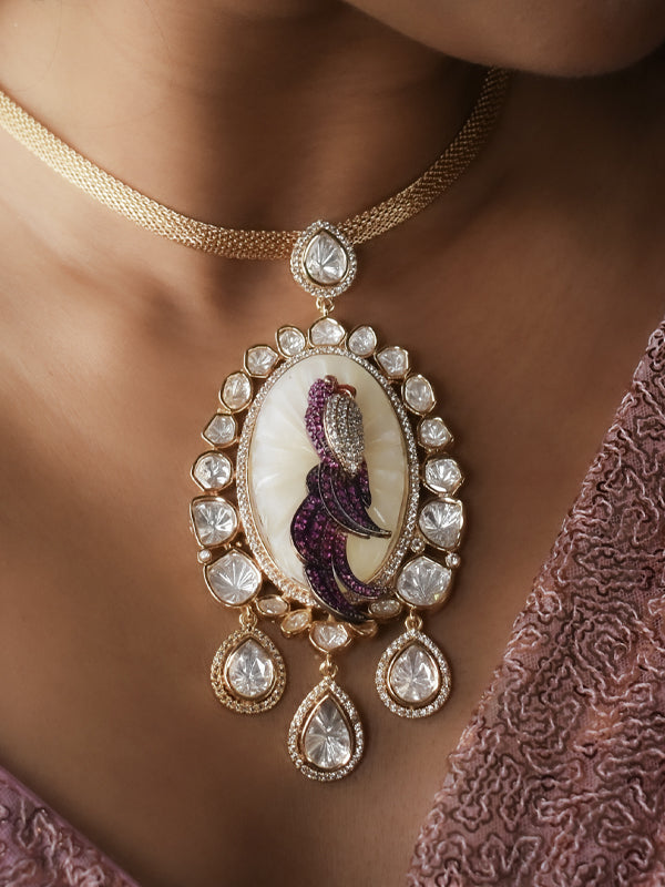 Kundan Style Pearl Bird Drop Pendant | Stylish Pendant Necklace Set