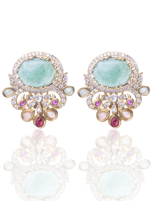 Ethnic Look Stylish Kundan Stud | Large Oval Green Gemstones Earring