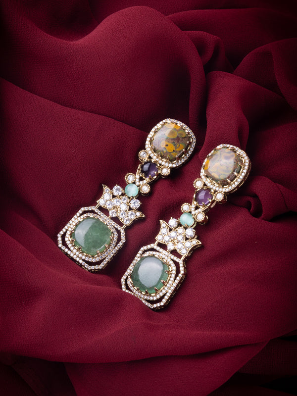 Large Drop Earring with Oval Green and Yellow Stones | Multi-Stone Drop Earrings