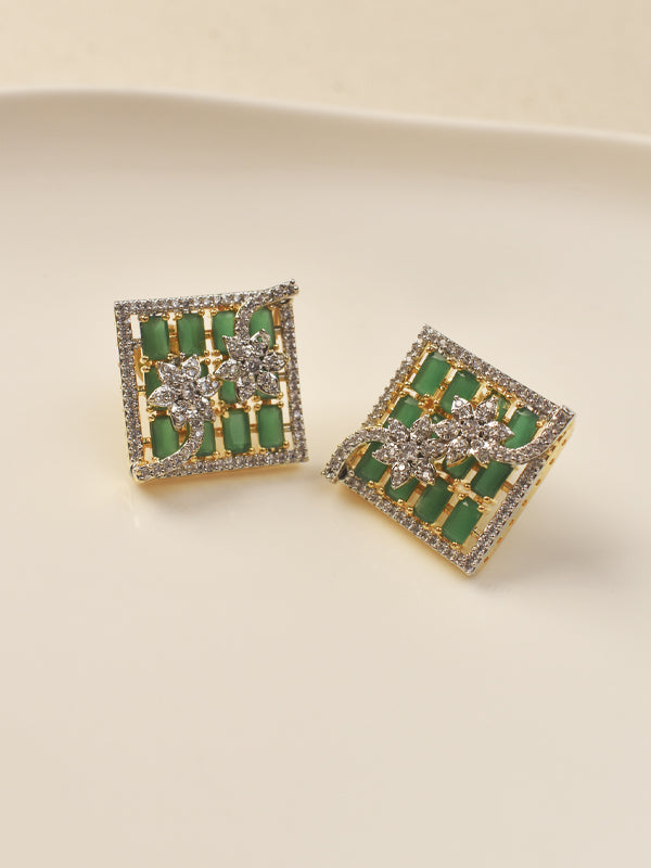 White Floral Green Pendant set | Golden Polish AD Square Pendant set