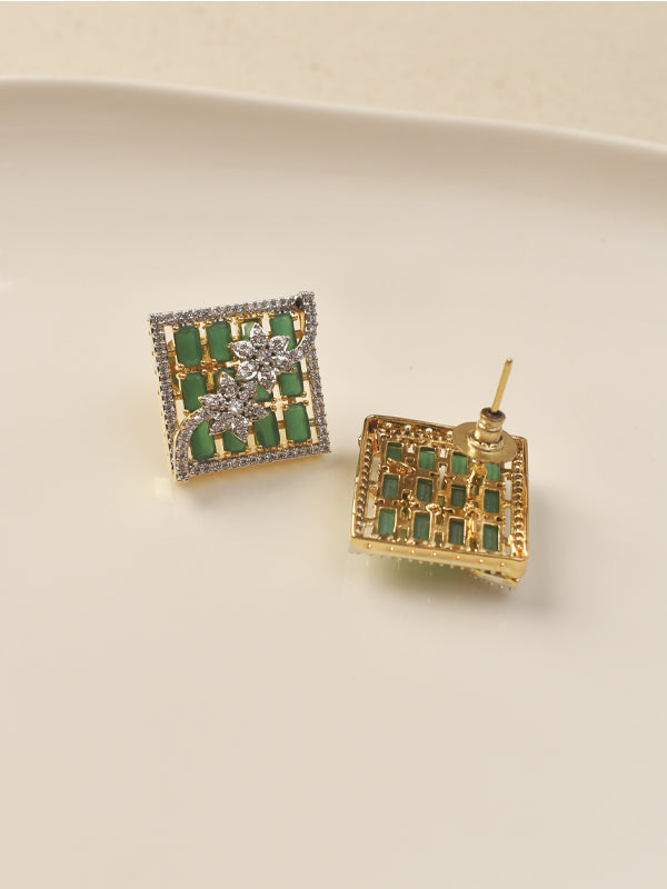 White Floral Green Pendant set | Golden Polish AD Square Pendant set