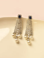 Load image into Gallery viewer, A pair of long, ornate dangle earrings with  dark blue stones , and ending in three white pearls,
