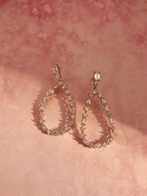 Silver-toned Teardrop Dangle Earrings | Party Wear AD Earrings