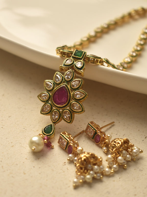 Traditional Golden Necklace with a Floral Pendant | Kundan Necklace with Green and Red Stone