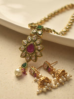 Load image into Gallery viewer, Traditional Golden Necklace with a Floral Pendant | Kundan Necklace with Green and Red Stone
