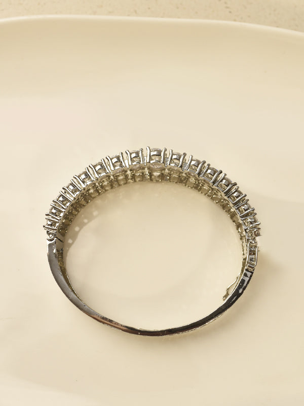Multi-Row AD Stone & Emerald-Cut Crystal Bracelet | High-Shine 3-row Silver tone Bracelet