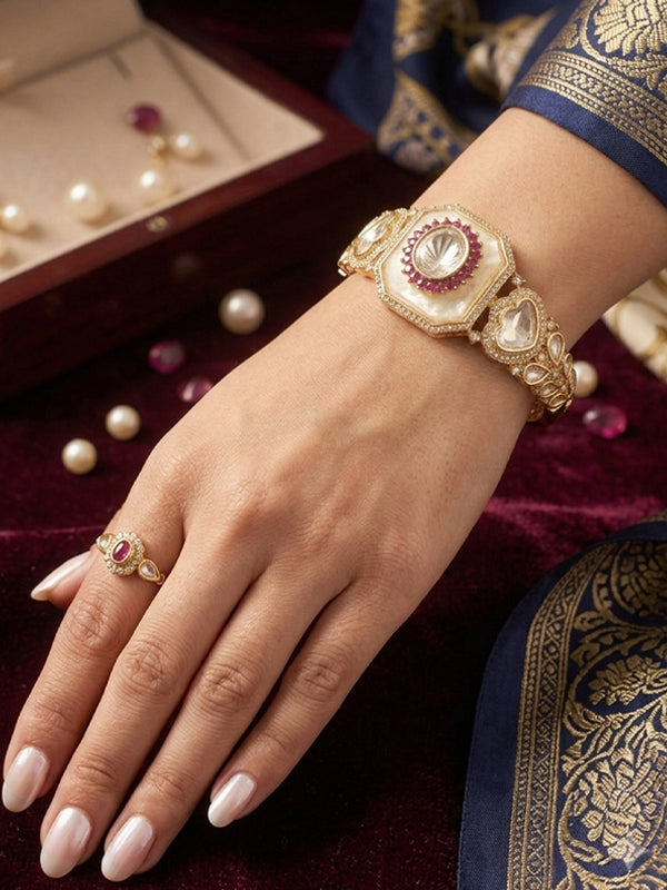 Imperial Mother of Pearl & Ruby Kundan Bracelet |  Flat-Cut Polki-style Stone Bracelet