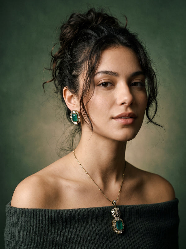 Antique green gemstone & cz necklace set | emerald cut green gemstone pendant necklace set for women