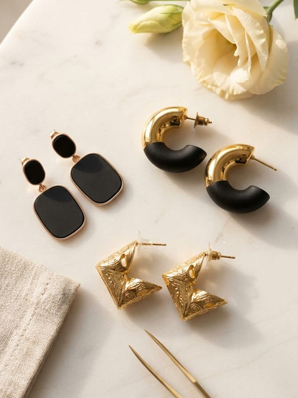 3-Pack Black and Golden Earring Combo | Classic Golden 3 Earrings Combo Pack