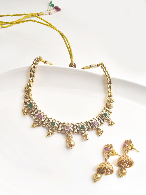 Stylish Necklace Set with Green and Red Stones | Traditional Necklace Set with Golden Beads