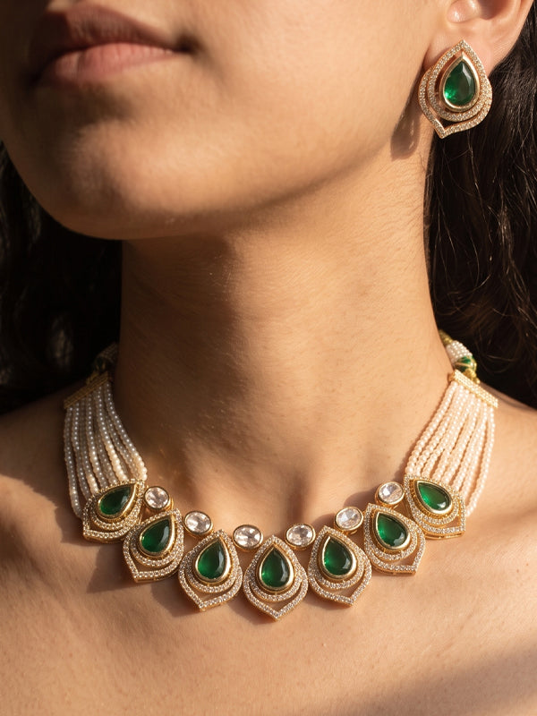 Green Teardrop Kundan Choker with Multi-Strand Pearls | Green Necklace with Multi-Layer Pearl Necklace