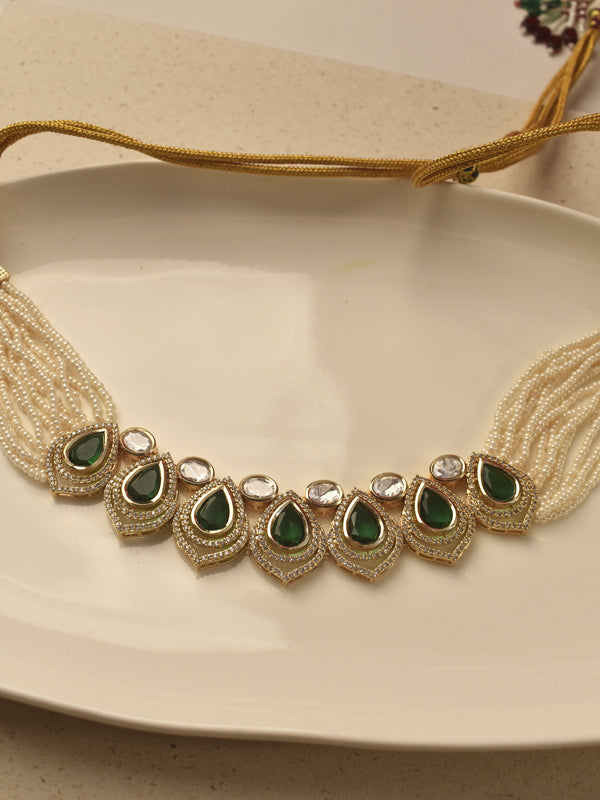 Green Teardrop Kundan Choker with Multi-Strand Pearls | Green Necklace with Multi-Layer Pearl Necklace