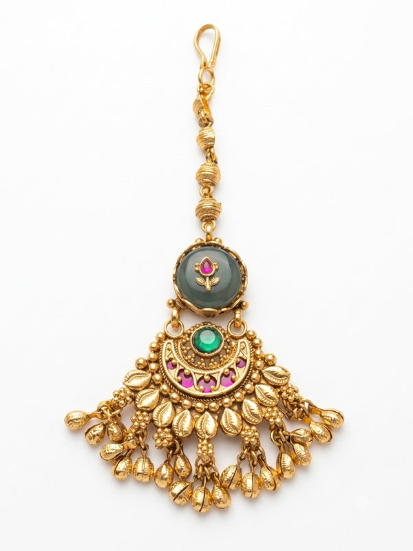 Traditional Floral Motif Maang Tikka with Ruby & Green Stones | Green Stone Antique Finish Bridal Maang Tikka