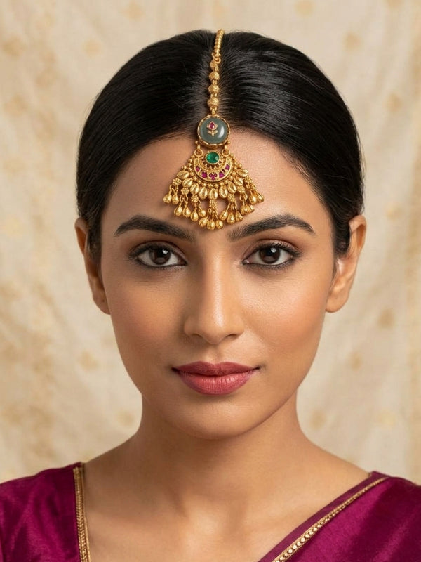Traditional Floral Motif Maang Tikka with Ruby & Green Stones | Green Stone Antique Finish Bridal Maang Tikka