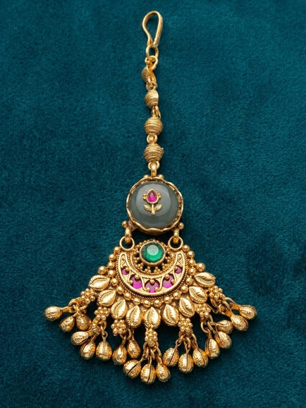 Traditional floral motif maang tikka with ruby & green stones | green stone antique finish bridal maang tikka